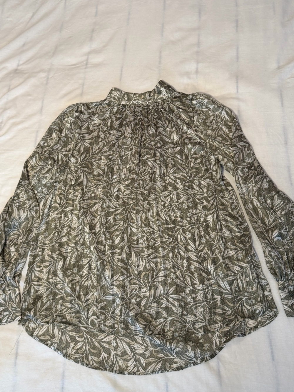 H&M Olive Green Leaf-Print Mock Neck Blouse